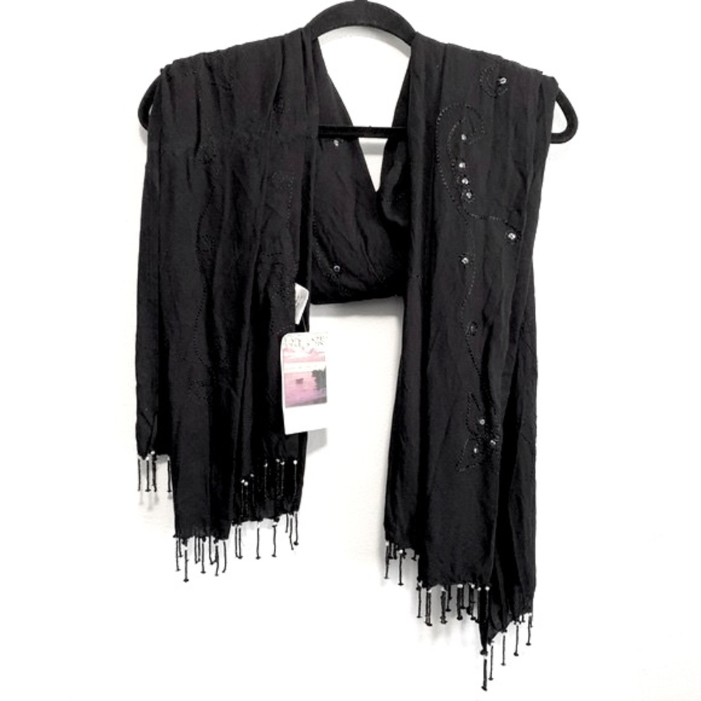 Land Of The Sun Black Embroidered Sequin & Beaded Fringe Scarf